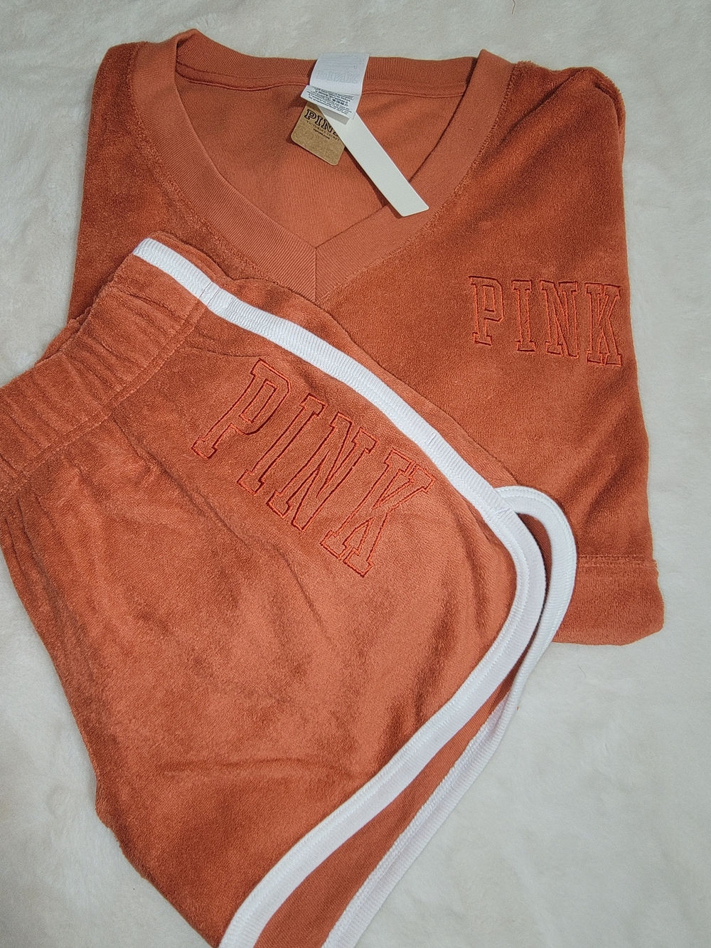 PINK Victoria's Secret Kids Rust Orange Short Pajama Set with White Trim